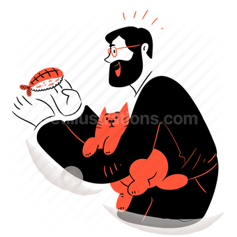 sushi, rice, fish, seafood, man, cat, meal